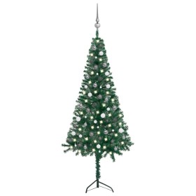 Set árbol Navidad artificial esquina LED y bolas verde 210 cm