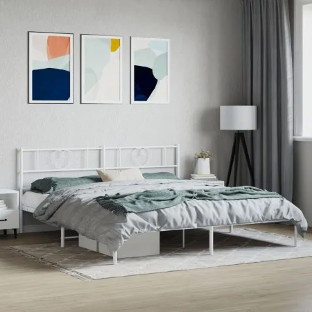 Metal bed frame with white headboard 193x203 cm by , Beds and slatted bases - Ref: Foro24-355518, Price: 106,06 €, Discount: %