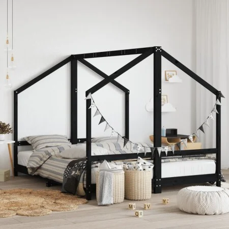 Black pine wood children's bed frame 2x(80x200) cm by , Cribs and beds for children - Ref: Foro24-3200588, Price: 267,00 €, D...