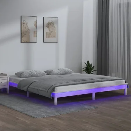 Bed frame with LED solid white wood 160x200 cm by , Beds and slatted bases - Ref: Foro24-820617, Price: 125,16 €, Discount: %