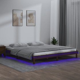 Estructura de cama con LED madera maciza marrón mi