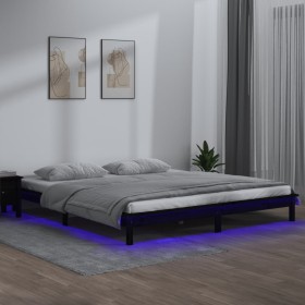 Estructura de cama con LED madera maciza negra 180