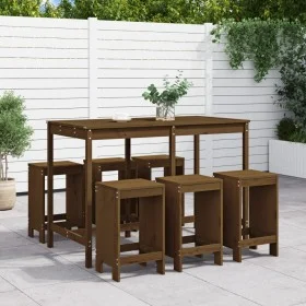 Garden table and 7-piece high stools set made of brown honey pine wood. by , Garden sets - Ref: Foro24-3157754, Price: 482,54...