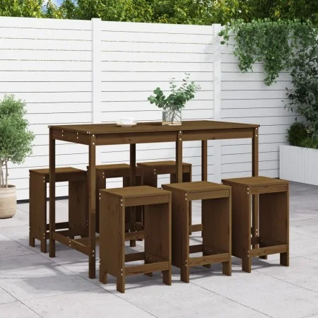 Garden table and 7-piece high stools set made of brown honey pine wood. by , Garden sets - Ref: Foro24-3157754, Price: 482,54...