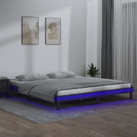 Double bed frame with LED solid gray wood 120x190 cm by , Beds and slatted bases - Ref: Foro24-820643, Price: 135,60 €, Disco...