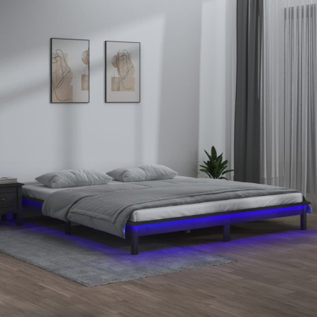 Double bed frame with LED solid gray wood 120x190 cm by , Beds and slatted bases - Ref: Foro24-820643, Price: 137,38 €, Disco...