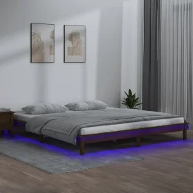 Bed frame with LED solid wood honey brown 200x200 cm by , Beds and slatted bases - Ref: Foro24-820629, Price: 120,82 €, Disco...