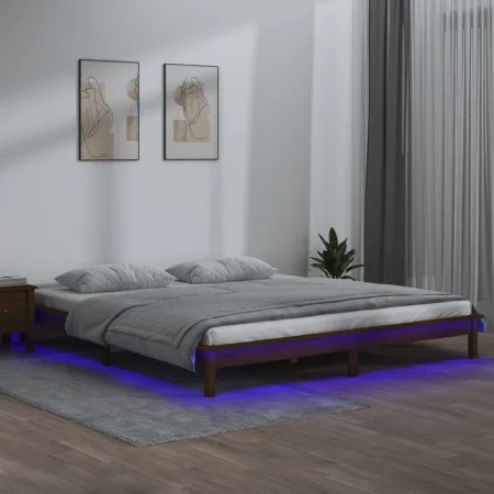 Bed frame with LED solid wood honey brown 200x200 cm by , Beds and slatted bases - Ref: Foro24-820629, Price: 120,82 €, Disco...