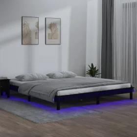 Double bed frame with LED black solid wood 120x190 cm by , Beds and slatted bases - Ref: Foro24-820645, Price: 135,60 €, Disc...