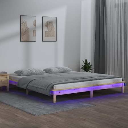 Bed frame with LED solid gray wood 135x190 cm by , Beds and slatted bases - Ref: Foro24-820646, Price: 126,42 €, Discount: %