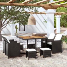 Set comedor de jardín 9 pzas ratán sintético y madera negro