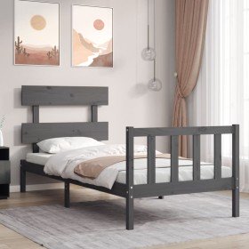 Estructura de cama con cabecero madera maciza gris