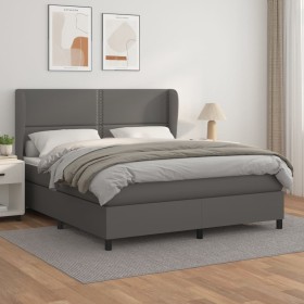 Cama box spring con colchón cuero sintético gris 160x200 cm