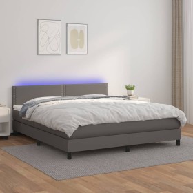 Cama box spring colchón y LED cuero sintético gris 180x200 cm