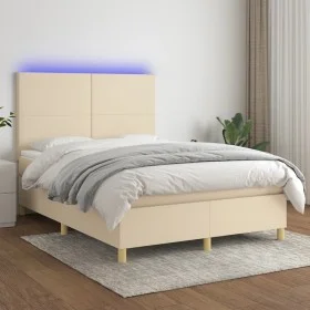 Box spring bed mattress and LED lights cream fabric 140x190 cm by , Beds and slatted bases - Ref: Foro24-3135274, Price: 501,...