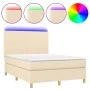 Box spring bed mattress and LED lights cream fabric 140x190 cm by , Beds and slatted bases - Ref: Foro24-3135274, Price: 501,...
