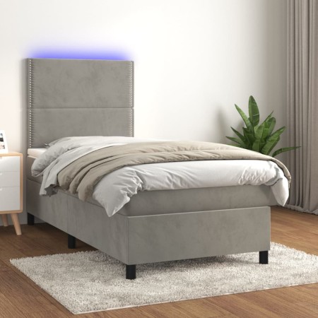 Box spring bed with mattress and LED light gray velvet 90x200 cm by , Beds and slatted bases - Ref: Foro24-3136041, Price: 31...