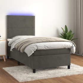 Cama box spring colchón y LED terciopelo gris oscuro 90x190 cm