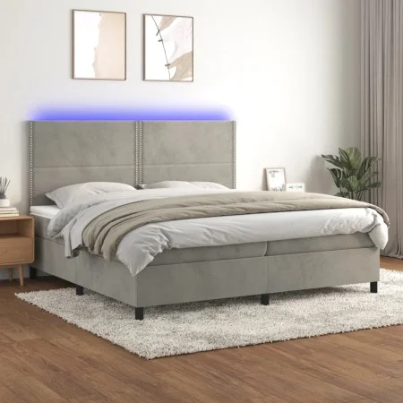 Box spring bed with mattress and LED light gray velvet 200x200 cm by , Beds and slatted bases - Ref: Foro24-3136083, Price: 5...
