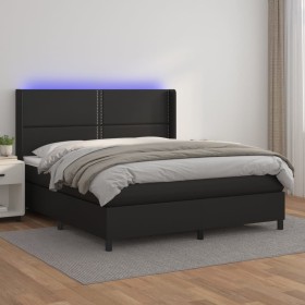 Cama box spring colchón y LED cuero sintético negro 160x200 cm