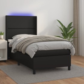 Cama box spring y colchón LED cuero sintético negro 90x190 cm