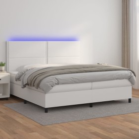 Cama box spring colchón y LED cuero sintético blanco 200x200 cm