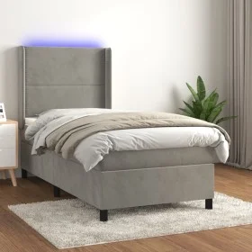 Box spring bed with mattress and LED light gray velvet 90x190 cm by , Beds and slatted bases - Ref: Foro24-3139475, Price: 32...