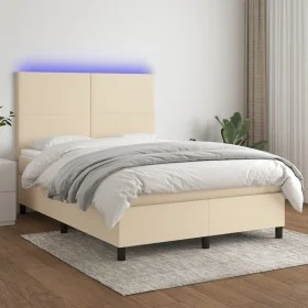Box spring bed mattress and LED lights cream fabric 140x190 cm by , Beds and slatted bases - Ref: Foro24-3134714, Price: 489,...