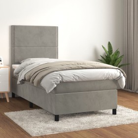 Cama box spring con colchón terciopelo gris claro 90x190 cm