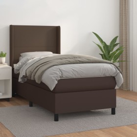 Cama box spring con colchón cuero sintético marrón