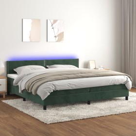 Cama box spring colchón y LED terciopelo verde oscuro 200x200cm