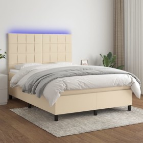 Cama box spring colchón y luces LED tela crema 140x190 cm