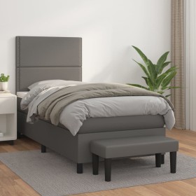 Cama box spring con colchón cuero sintético gris 90x200 cm