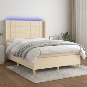 Cama box spring colchón y luces LED tela crema 140x190 cm