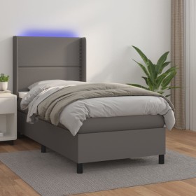 Cama box spring y colchón LED cuero sintético gris 90x190 cm