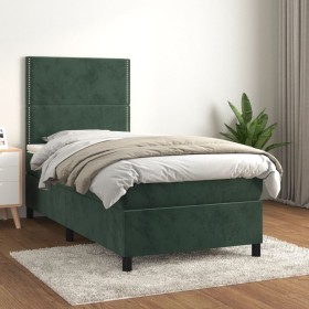 Cama box spring con colchón terciopelo verde oscuro 90x200 cm