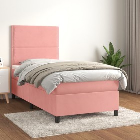 Cama box spring con colchón terciopelo rosa 90x200 cm