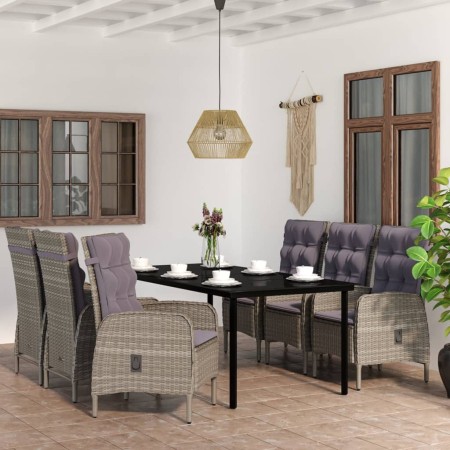 Juego de comedor de jardín 7 piezas con cojines gris y negro