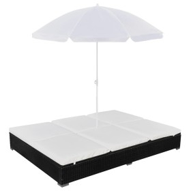 Schwarze Sonnenliege aus synthetischem Rattan mit Sonnenschirm von vidaXL, Betten im Freien - Ref: Foro24-42950, Preis: 331,7...