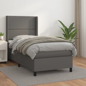Cama box spring con colchón cuero sintético gris 90x200 cm