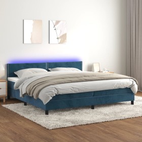 Cama box spring colchón y LED terciopelo azul oscuro 200x200 cm