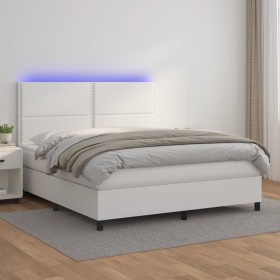 Cama box spring colchón y LED cuero sintético blanco 160x200 cm