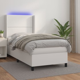 Cama box spring y colchón LED cuero sintético blanco 90x200 cm