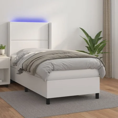 Box spring bed and LED mattress white synthetic leather 90x200 cm by , Beds and slatted bases - Ref: Foro24-3139302, Price: 3...