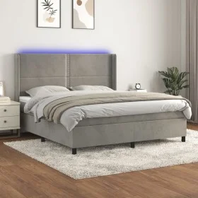 Box spring bed with mattress and LED light gray velvet 180x200 cm by , Beds and slatted bases - Ref: Foro24-3139517, Price: 5...