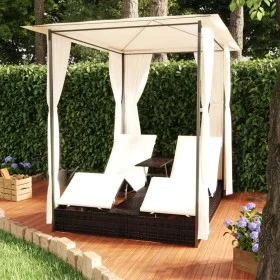 Tumbona doble con cortinas ratán sintético marrón de vidaXL, Camas para exteriores - Ref: Foro24-42890, Precio: 356,97 €, Des...
