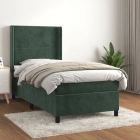 Cama box spring con colchón terciopelo verde oscuro 100x200 cm