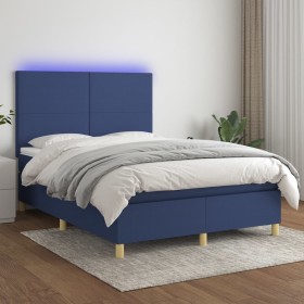 Cama box spring colchón y luces LED tela azul 140x
