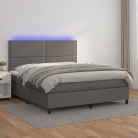 Cama box spring colchón y LED cuero sintético gris 160x200 cm