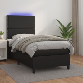 Cama box spring y colchón LED cuero sintético negro 90x190 cm